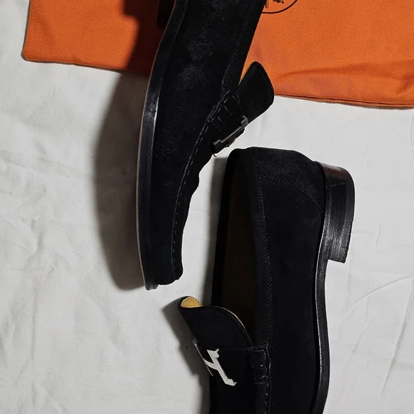 Hermes Black Suede Loafers with Silver Accent